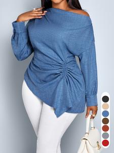 Camisa casual de otoño para mujer, top de manga larga con dobladillo asimétrico, tela tejida ajustada, ideal para uso diario y traslados