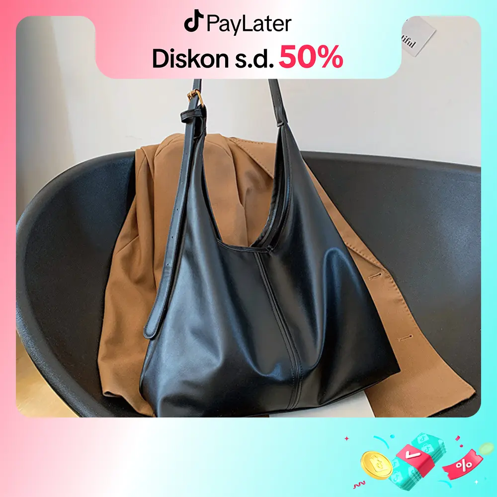 Tas Jinjing Kasual Wanita Berkapasitas Besar Tas Bahu Kulit PU Warna Solid Tas Ketiak Fashion Wanita Tote Bag