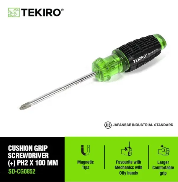 Tekiro Obeng Gagang Karet Plus (+) PH2 x 100 HIJAU / Cushion Grip Screwdriver