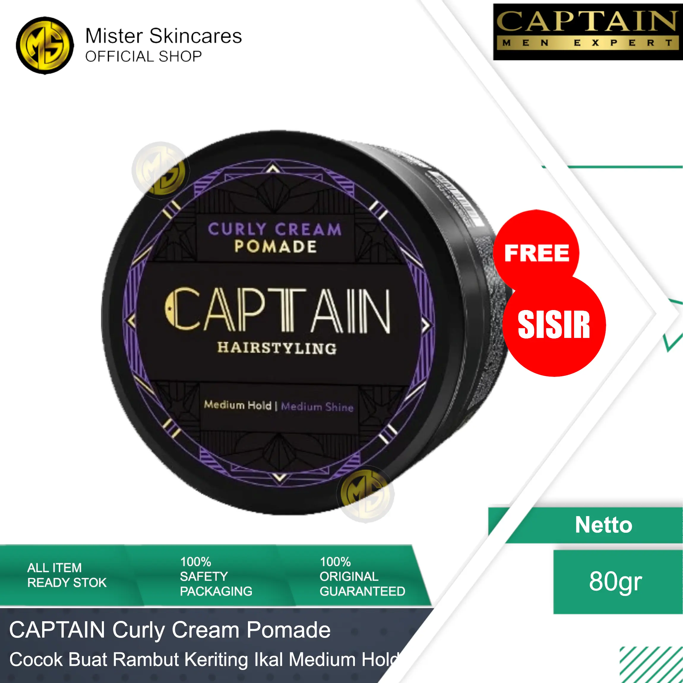 Captain Men's Care Curly Cream - Pomade Rambut Keriting Ikal Medium Hold & Shine dengan Argan Oil & Vitamin E