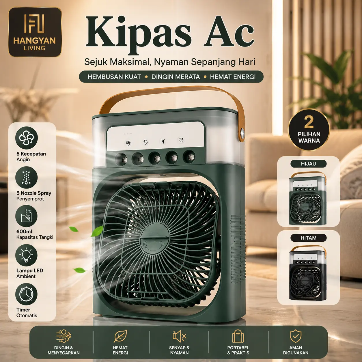 Kipas Angin AC Mini USB Air Cooler LED 3 Speed Pendingin Ruangan Hemat Listrik