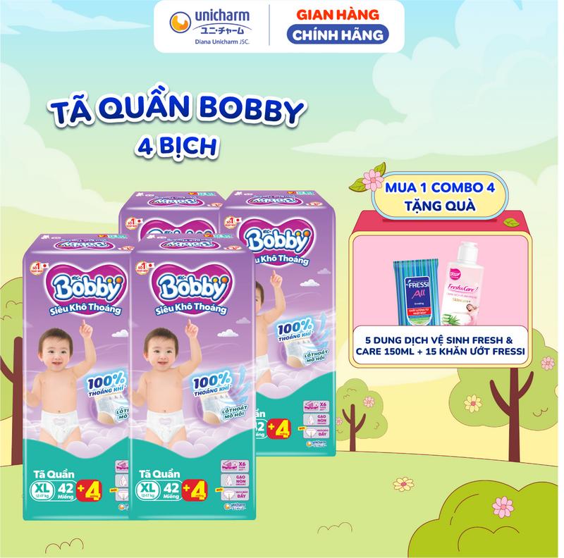 [Mua 1 tặng ghế] [TẶNG KÈM 16 MIẾNG ] Combo 4 Tã quần Bobby Siêu Khô Thoáng -Thoáng Khí size M 56 miếng/ Size L 48 Miếng/ size XL 42 miếng/ XXL 38 miếng/ XXXL 29 miếng
