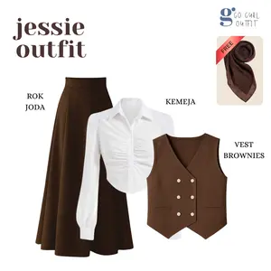 One Set Vintage OOTD Yearbook (Kemeja Katun Putih, Vest Brownies, Rok Mayung Coklat Tua) - GGO28