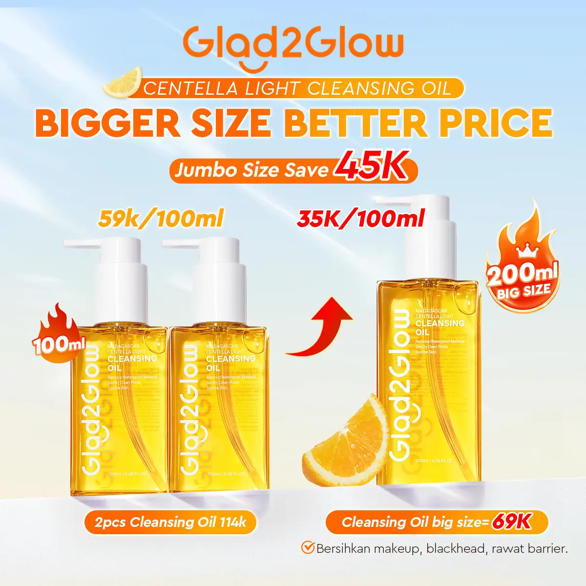 Glad2Glow Cleansing Oil Madagascar Centella Light 100ml/200ml Remover bersihkan kotoran wajah makeup remover micellar water acne jerawat cleanser micellar water untuk kulit jerawat pembersih makeup wajah cleansing oil