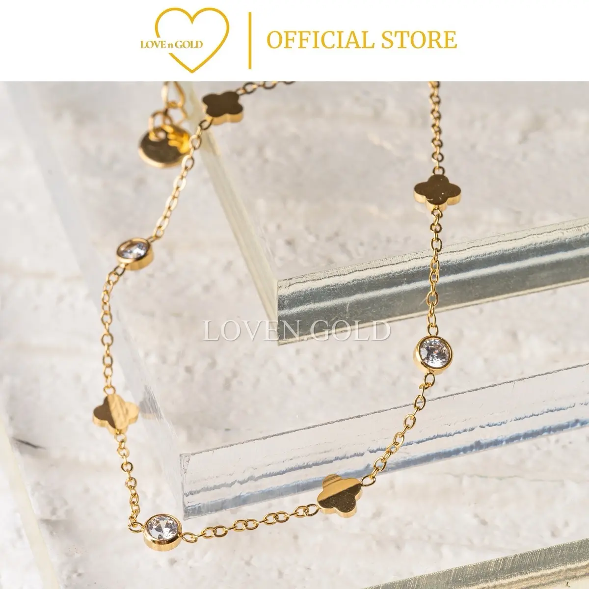 Loven.gold Daisy bracelet #2002 Kristal titanium anti karat kristal putih bunga rantai Perempuan Perempuan Aksesoris