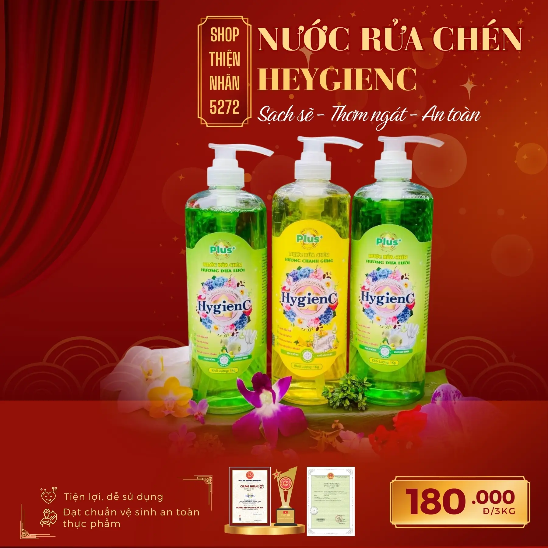 Combo 3kg Nước Rửa Chén Sinh Học HygienC Plus Hương Dưa Lưới & Chanh Gừng  - Nước Rửa Chén Sinh Học An Toàn Cho Da Tay