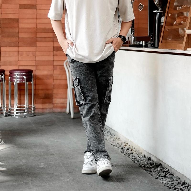 Celana cargo jeans pria street slim fit 3