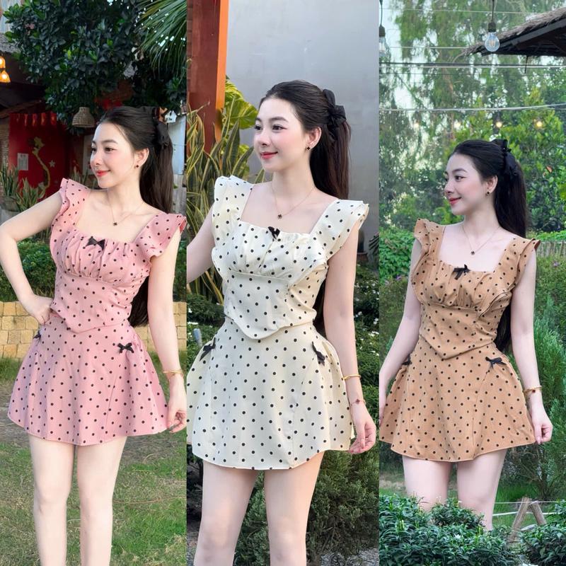 Sét bộ đồ nữ áo crotop tay cánh tiên chấm bi đính nơ xinh xắn mix chân váy với 4 tone màu sang trọng