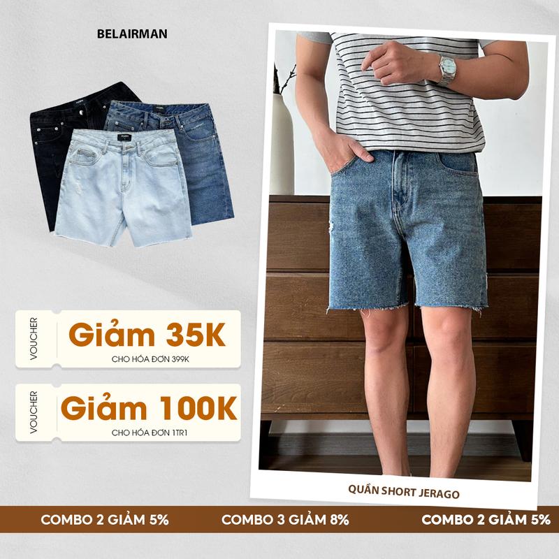  Quần Short Jeans Nam BELAIRMAN JERAGO Rách Ống Trẻ Trung Form Trên Gối - SJRG0090 Menswear Pants Xanh Nhạt Có Túi 