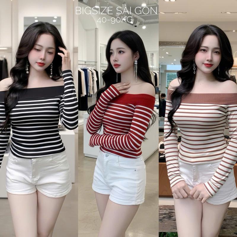  Áo Trễ Vai Nữ Rip Sọc Ôm Body Thời Trang Noel Cá Tính Mềm Mịn Co Giãn Bigsize 45–90kg Dễ Thương Nữ Women Top Nhung – A.1678 