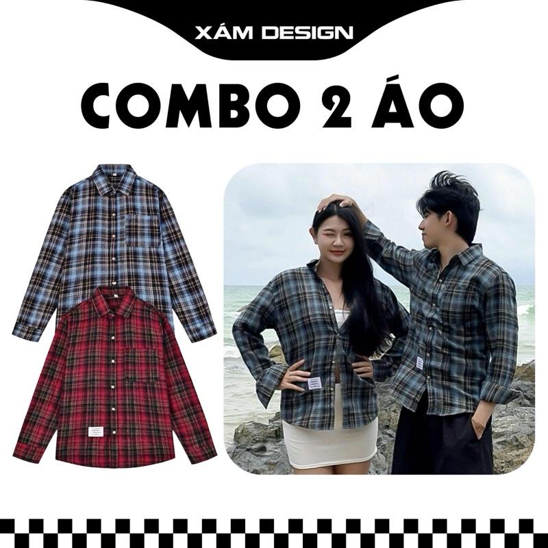 ( Combo ) 2 Áo Sơ Mi Kẻ Caro Flannel Nam Nữ Dài Tay Mix Túi Ngực Phong Cách Thời Trang Trẻ Trung Năng Động . Menswear Shirt Có Cổ