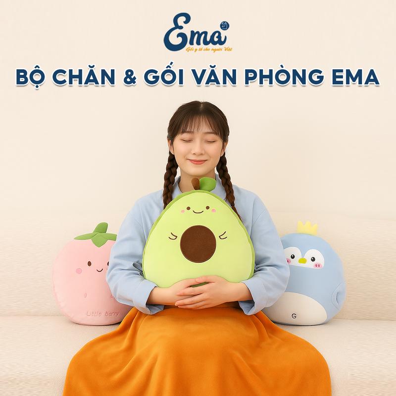Bộ chăn gối văn phòng 4 trong 1 EMA - Gối chăn tựa luồn tay hình thú dễ thương chất liệu cao cấp - Gối chăn tựa luồn tay