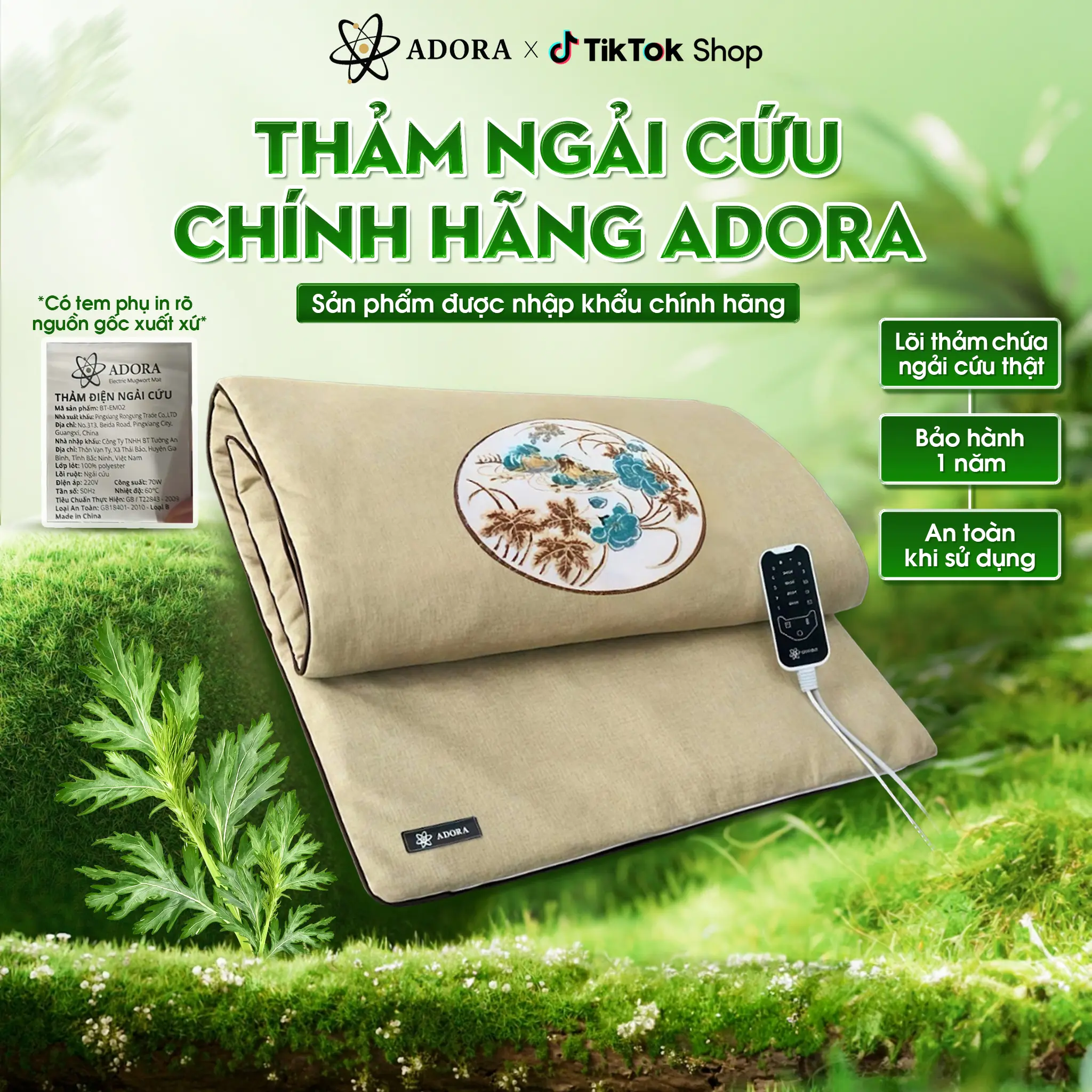 Thảm Ngải Cứu Đông Y ADORA Chính Hãng | Chườm Nóng, Sưởi Ấm, Hỗ Trợ Đau Nhức Xương Khớp, Mỏi Vai Gáy Đệm Sưởi Ngải Cứu Giúp Massage thư giãn mùa đông, đả thông kinh mạch rất tốt cho sức khoẻ