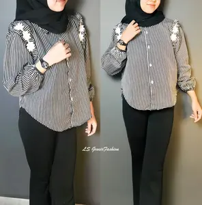 Kemeja Cewek Motif Salur Baju Atasan Wanita Kekinian Bahan Katun Kemeja Semi Crop Top Stripe Bordir Bunga Cantik Lengan Karet Model Korea