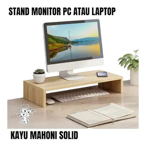 Stand Monitor Kayu Mahoni Solid Dudukan Komputer untuk PC atau Laptop Desain Minimalis Tahan Lama Warna Hitam Putih Kayu Natural Ukuran 40-100 cm - Computer