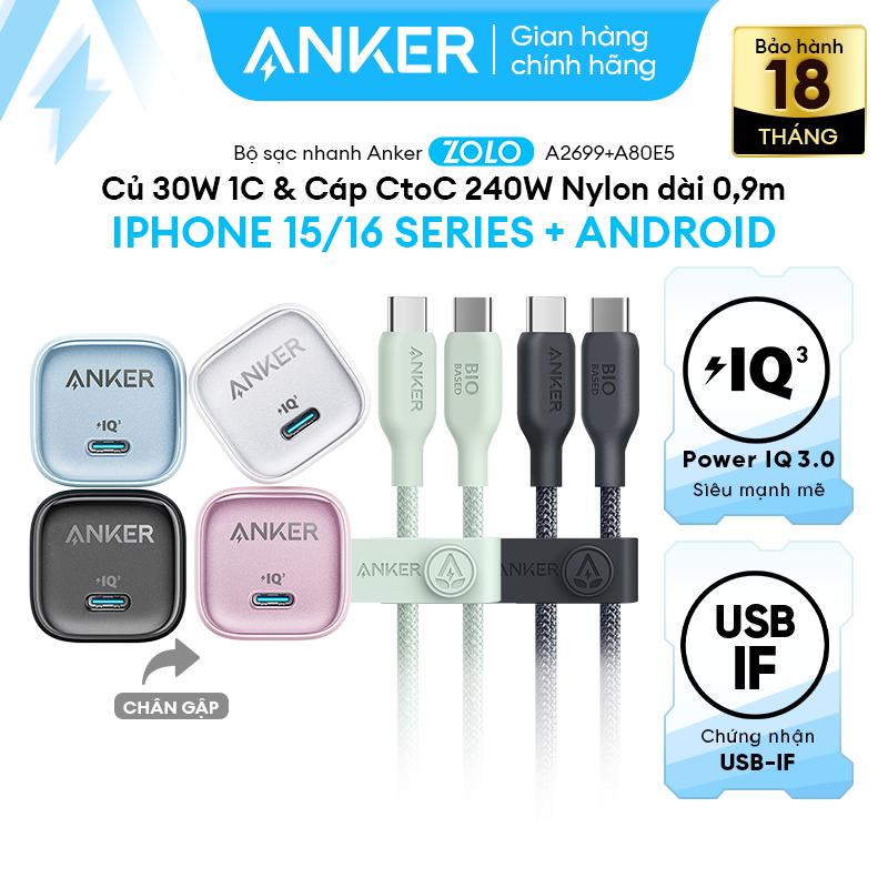 Combo sạc nhanh Anker Zolo 20W/ 30W 1C USB-C & Cáp CtoC [240W dài 0,9m] cho iPhone 15/16 series, Android-A2699/A2698+A80E5
