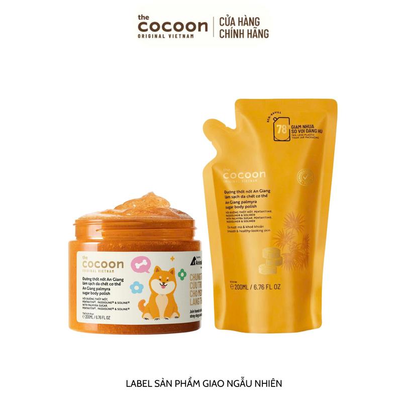  COMBO 1 hũ Tẩy da chết cơ thể đường thốt nốt An Giang Cocoon 200ml - phiên bản chó mèo  RANDOM + 1 Túi refill tẩy da chết đường thốt nốt 200ml 