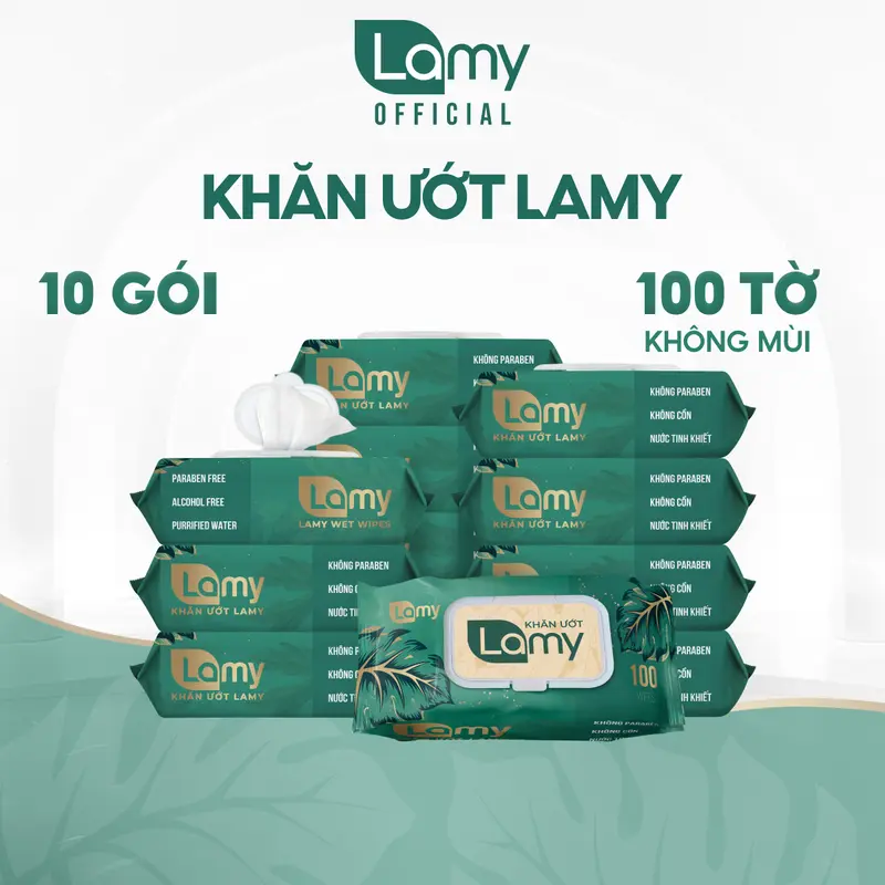 [LAMYAD] Khăn ướt LAMY - Thùng 10 gói x 100 tờ không cồn không mùi  không parabens an toàn cho bé 0