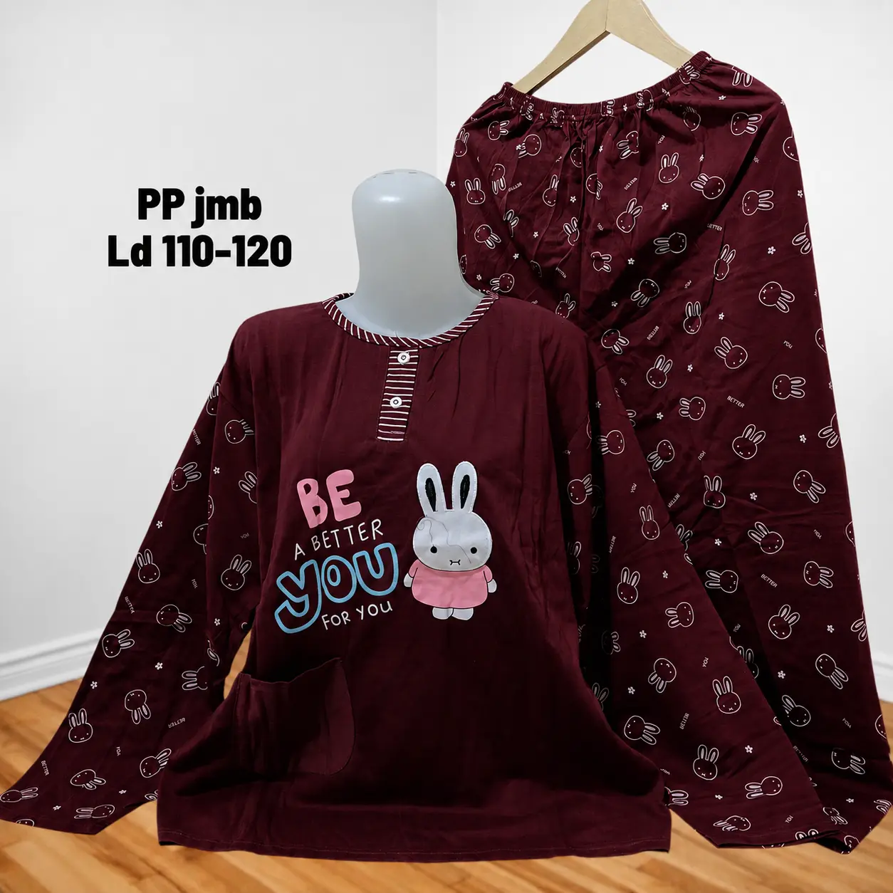 BABYDOLL PP JUMBO BAHAN KAOS/ BAJU TIDUR SETELAN CELANA PANJANG LENGAN PANJANG LD 110CM