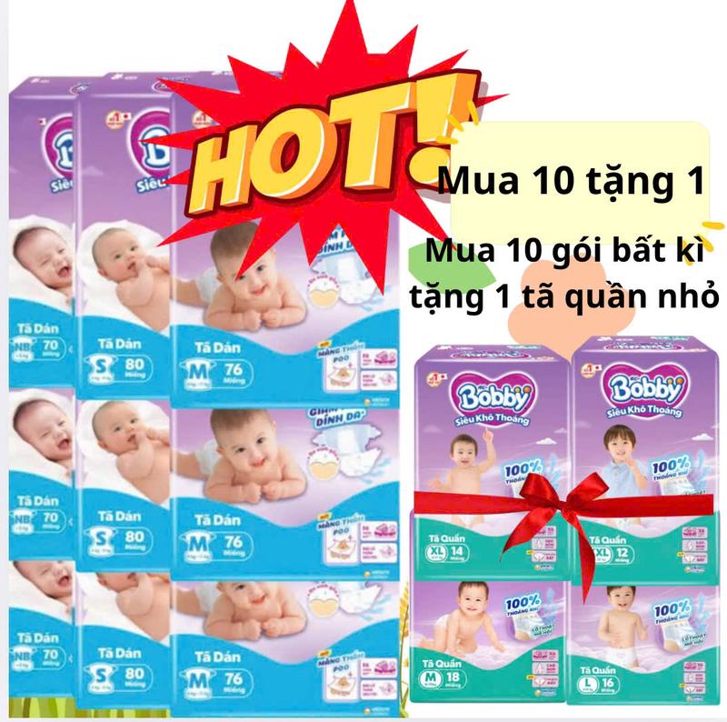 Combo 10 Goi Bỉm Tã Dán Bobby+ 1 gói bobby Regular NB70+4/S80/M76/L68/XL62/XXL56 Gạo Non -  (combo siêu tieté kiệm