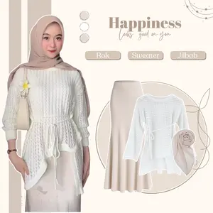 One Set Atasan Outfit Pantai Kekinian (Sweater Yuruma Rajut - Rok duyung Scuba - Jilbab) Setelan OOTD Remaja Hijab Casual LO33N