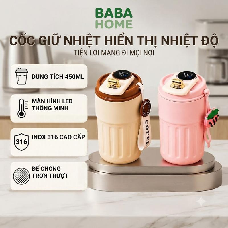 Bình Giữ Nhiệt Hiện Thị Nhiệt Độ Thông Minh, Inox 316 Giữ Nhiệt Tốt, Nhỏ Gọn Dễ Mang Theo