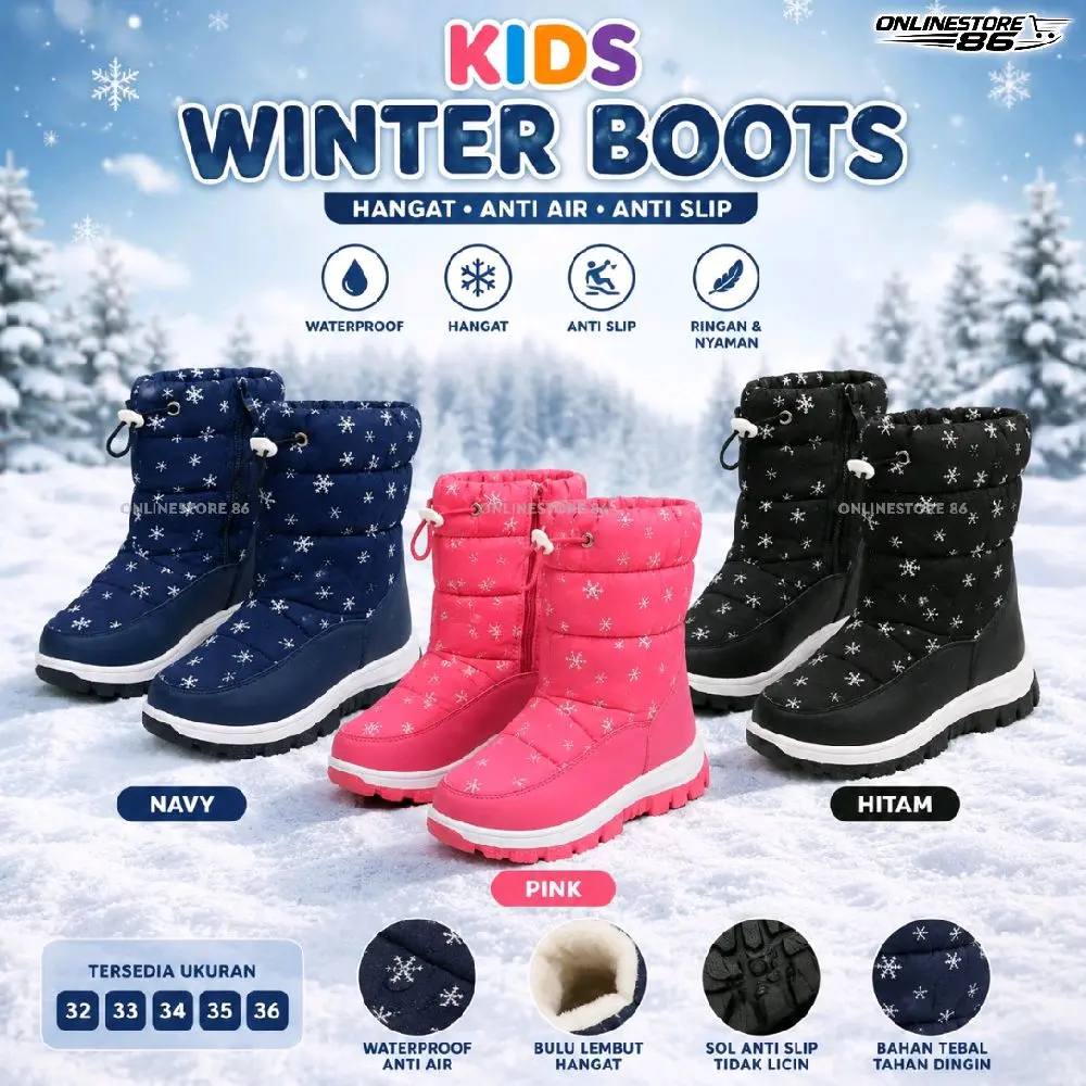 Sepatu Winter Anak Laki2 Perempuan Unisex / Sepatu Boot winter Anak Cewek cowok - Sepatu Winter Musim dingin Anak Waterproof anti air Anti Slip - Snow Boots Kids winter thermal Sepatu Salju Kulit Bulu Lembut hangat Outdoor Fashion B053 - hitam Pink Navy