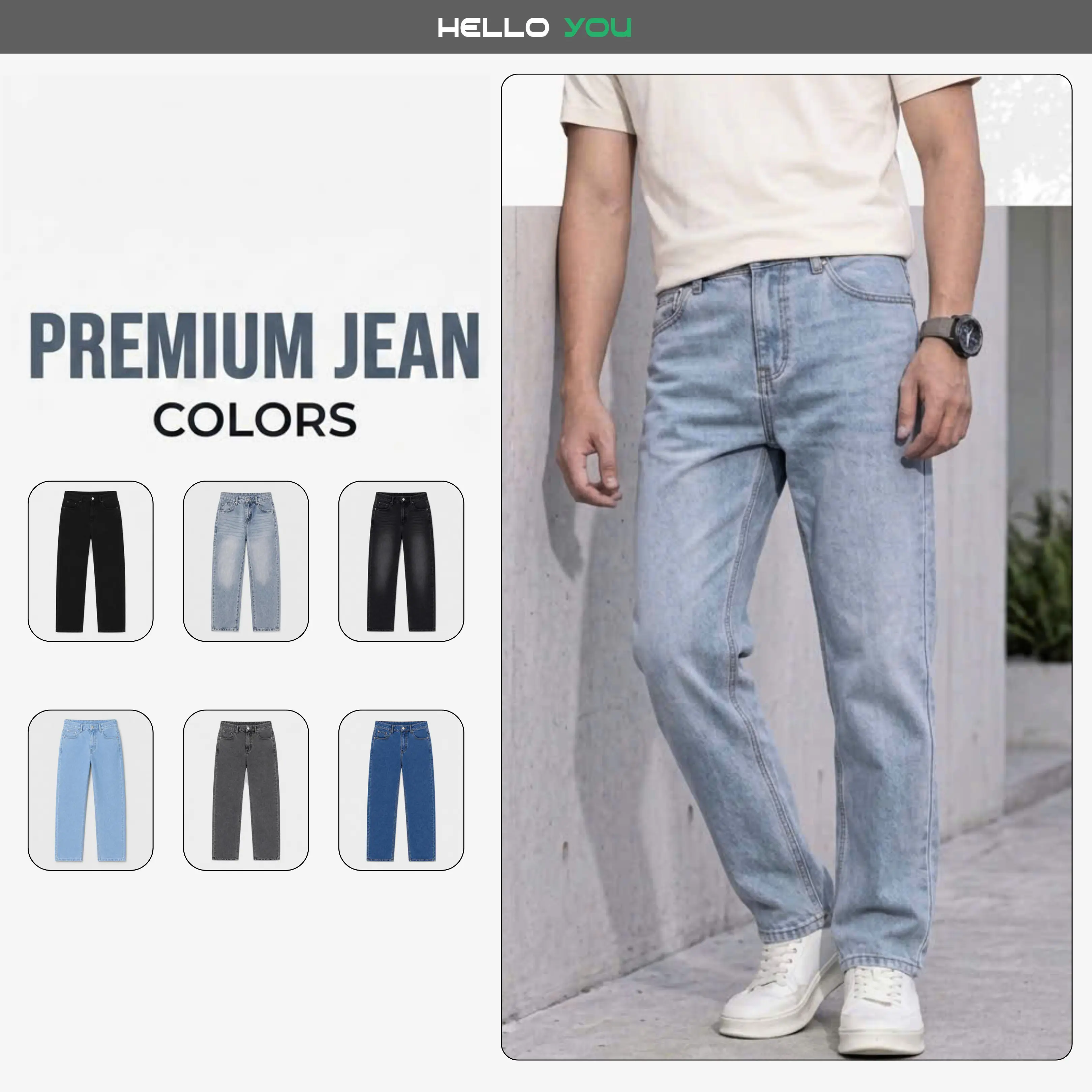 Quần Jean nam HELLOYOU, Quần bò ống đứng dáng Suông chất jean Denim dày dặn thoải mái, đứng phom dễ mặc, dễ Phối.