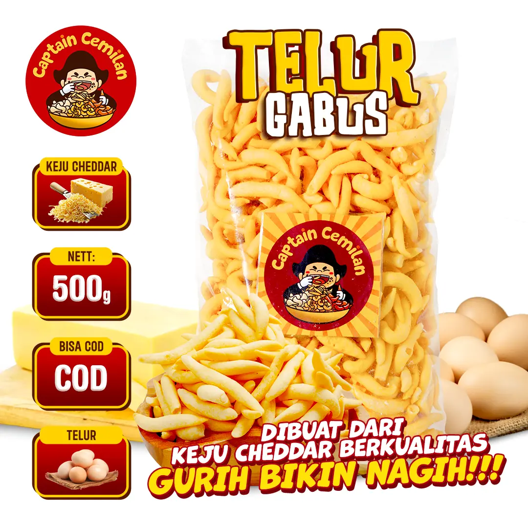 Telur Gabus Keju 500 Gram (1 Bungkus)  Captain Cemilan Cheese Stick Asin Renyah Cemilan Gurih Stik Keju
