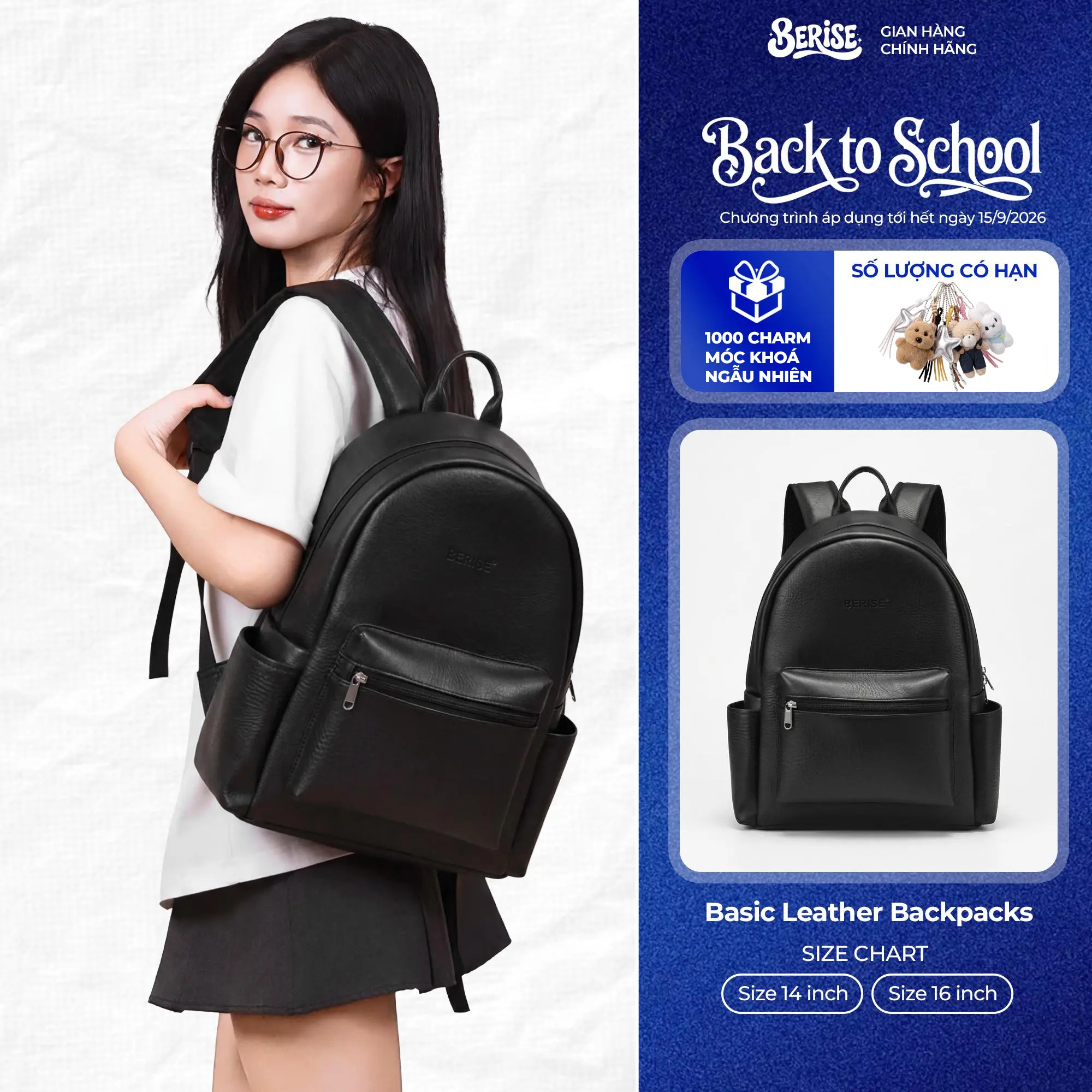 [Tặng Charm] Balo Da Berise Basic Leather, Unisex nam nữ, đựng laptop 15,6inch, chống nước phù hợp đi học đi chơi