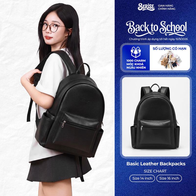 [Tặng Charm] Balo Da Berise Basic Leather, Unisex nam nữ, đựng laptop 15,6inch, chống nước phù hợp đi học đi chơi