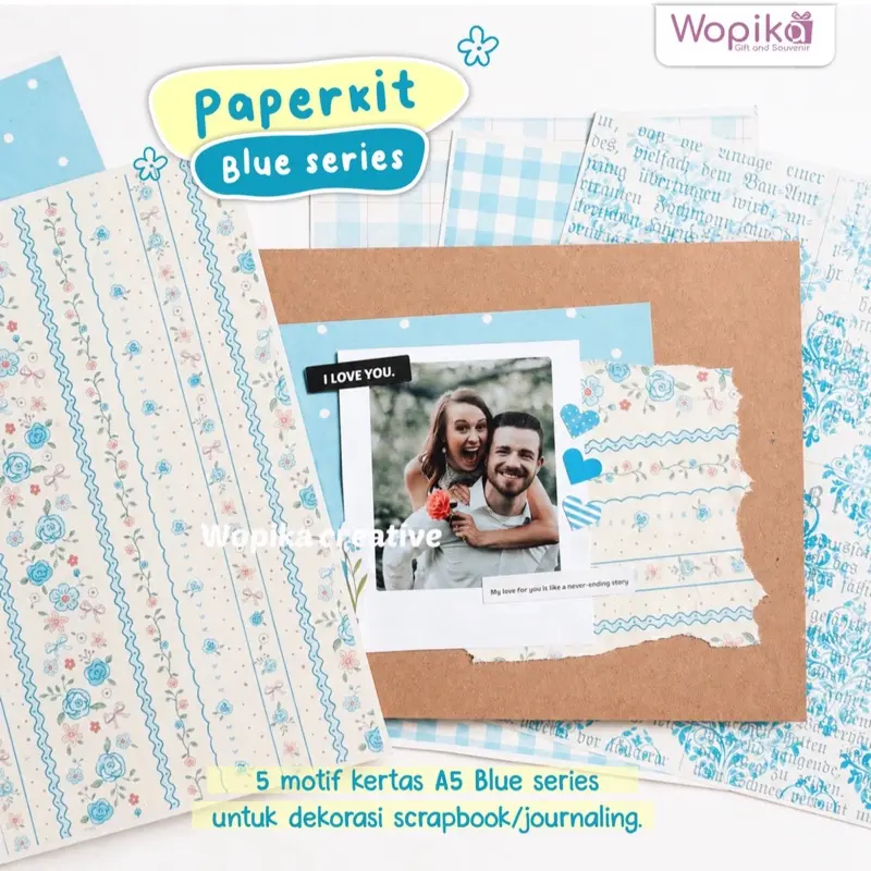 Paperkit Blue Series Deco Kertas Lengkap 5 Motif A5 untuk Journaling Scrapbooking dan Dekorasi