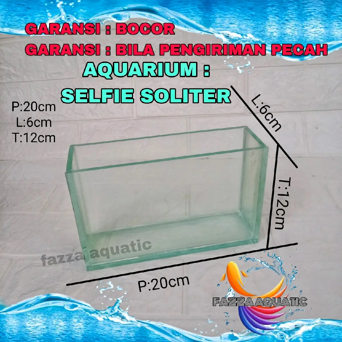 soliter selfie akuarium selfi kaca kanan kiri ukuran 20x6x12 kaca baru bukan bekas