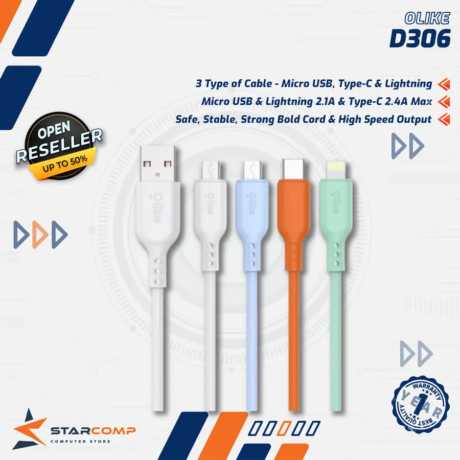 Olike D306 Kabel Data Micro Type C Lightning 2,4A 100cm Fast Charging D306M D306C D306L