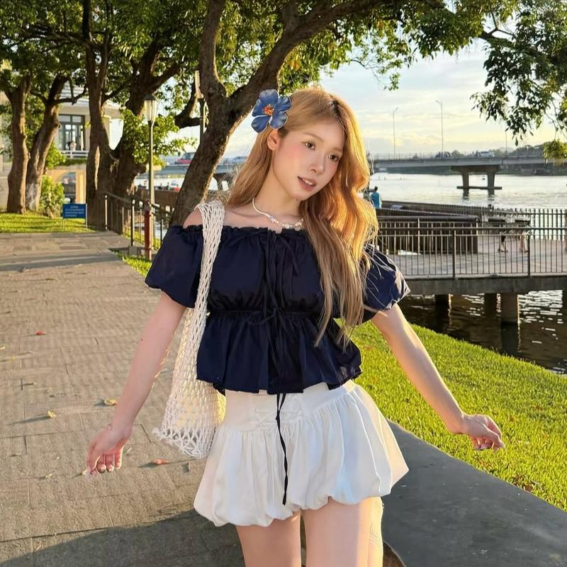 Áo Babydoll Kiểu Nữ Phối Nơ Tay Phồng Mùa Hè - KA535