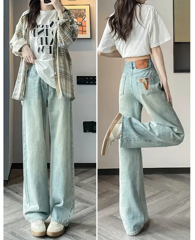 HAZO JEANS-Cargo Jeans Khaki baru versi Highwaist Loose Celana Jeans Wanita Korea Muda Panjang Retro Straight 1