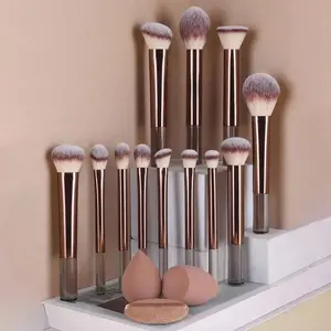 12 pcs Brush Makeup Set Cokelat Wajah  Bulu Sintetis + 2 Sponge + Puff Aesthetic Kuas