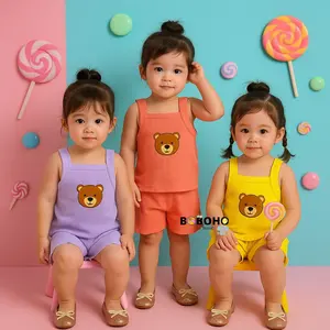 BOBOHO - Setelan Anak Perempuan Lokal Motif Bear / Setelan Celana Pendek Tanpa Lengan Lembut dan Nyaman Motif Bear Gaya Korea Bayi Baru Musim Panas