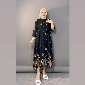 Daster Cantika Lengan 7/8 Motif Bunga N Daun Panjang 115 cm Ld 120 Busui Frendly Kancing