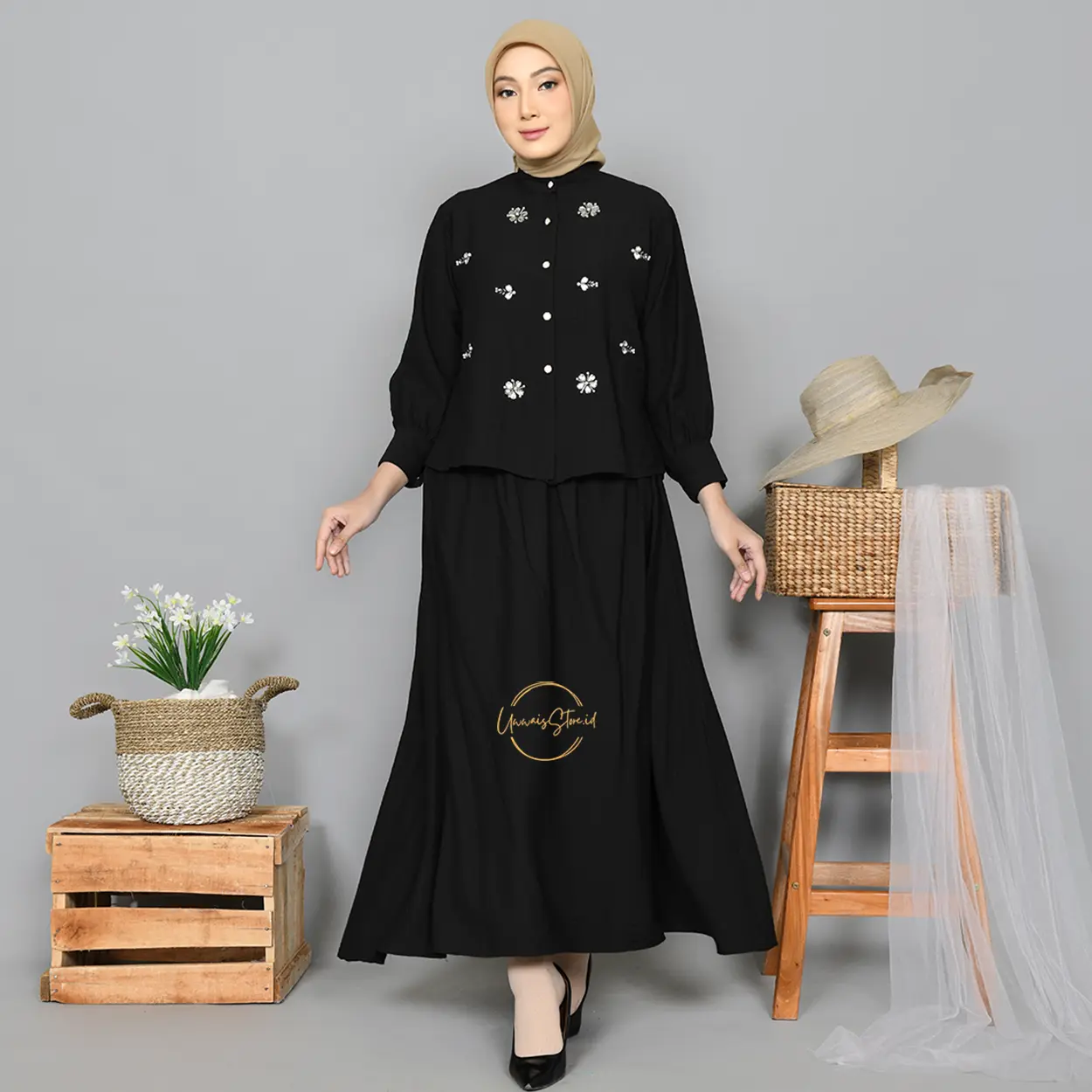 CLARA One Set Wanita Payet Mewah Linen Setelan Atasan Rok Kekinian