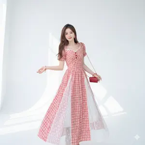 Creator exclusive  LUMI-Dress Cocok Untuk  Imlek Panjang Kotak-Kotak Gaya Retro Prancis Manis & Anggun dengan Lengan Puff dan Detail Renda Baju Wanita Casual Dress