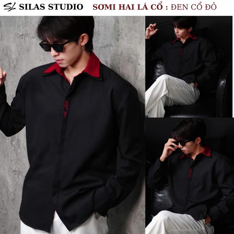   Form Tôn Vai  Áo Sơ mi SILAS Ver2 Thêu Tà 2 Lá Cổ Áo Đen Cổ Đỏ Cotton Chéo Menswear Form Rộng Tôn Vai Chiết Eo - ASL4A 