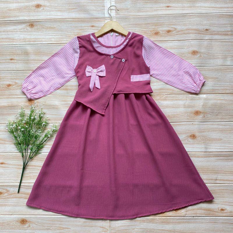 Gamis Syania Anak Perempuan Model Terbaru 1-12 Tahun Bahan Crinkel Mix Katun Salur Muslim