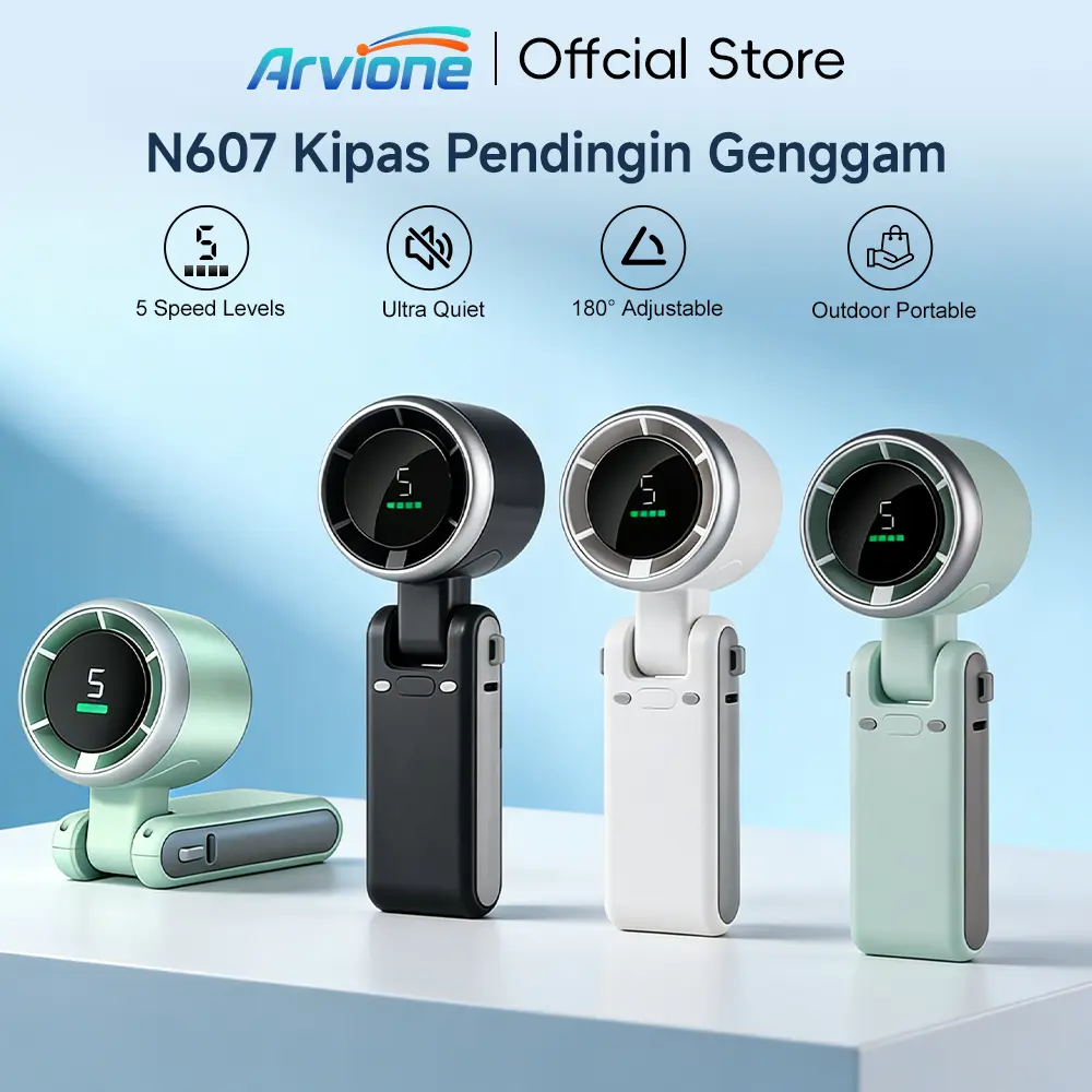 ARVIONE N607 Handheld Turbofan Mini Foldable Fan With Digital Display 5 Wind Speeds Angle Adjustable Kipas Lipat Mini Senyap Ideal untuk semua keperluan