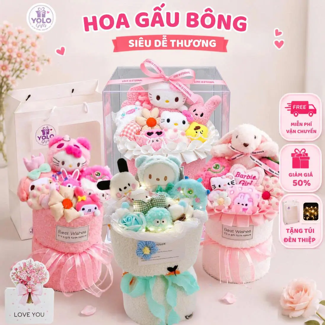 Bó hoa gấu bông quà tặng Yolo Gifts.Set quà tặng tốt nghiệp hoa gấu bông siêu dễ thương tặng kèm túi đèn. quà sinh nhật, trung thu, 20/10