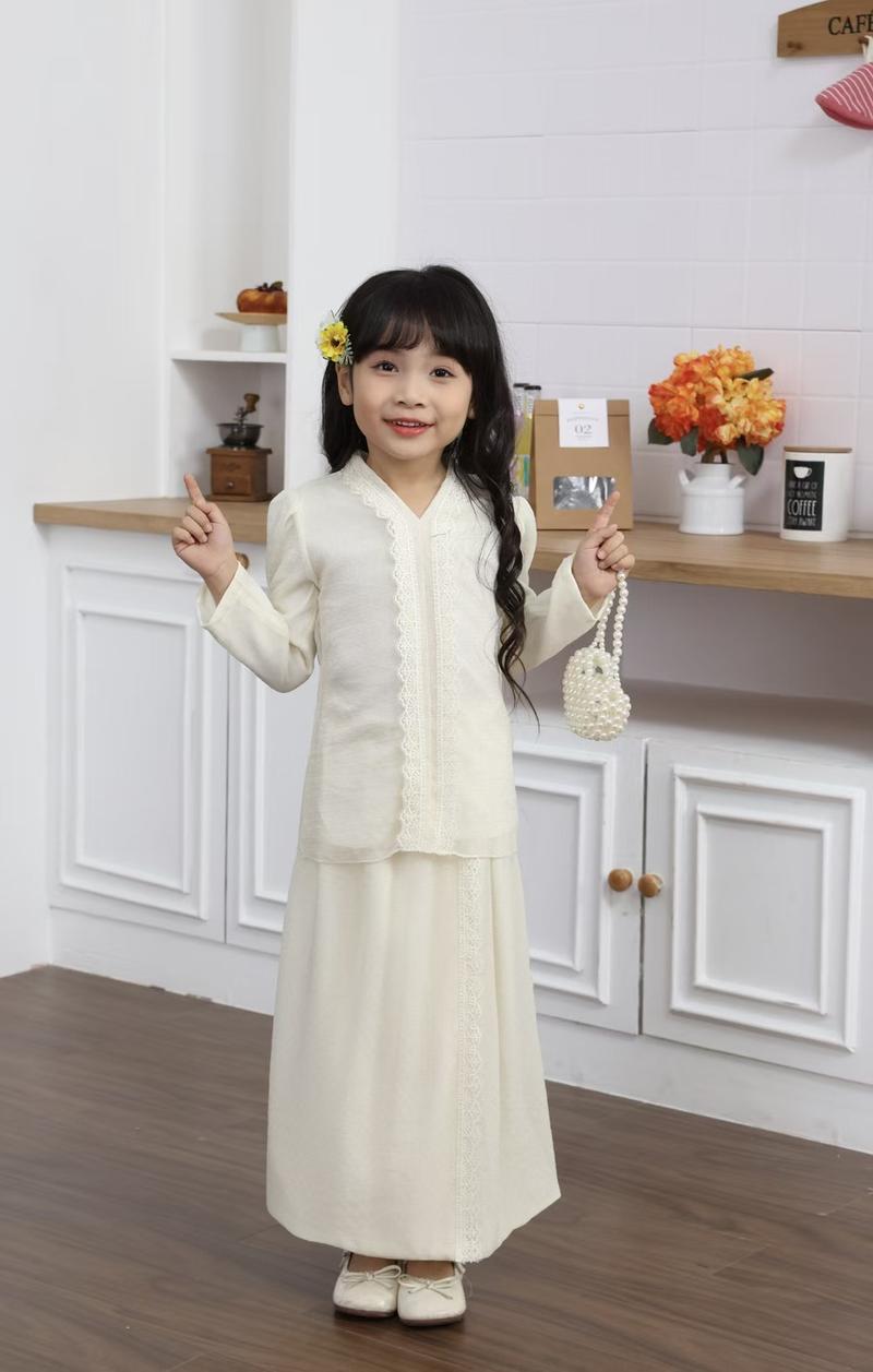 Product Introduction of Set Baju Kurung Muslimah+Skirt Budak Perempuan 2025 Ready Stocks Anak Lace - Baby Blue/MintGreen/Cream/Putih/Dark Blue 3