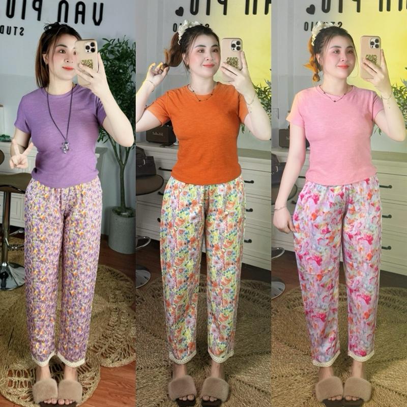  Đồ bộ nữ áo phối hoạ tiết quần kaki mềm suông Baggy Áo xương cá co giản tốt Bigsize  45-85Kg chiều dài quần 91-95 và chiều dài áo 50-54 tăng theo size. Women Top 