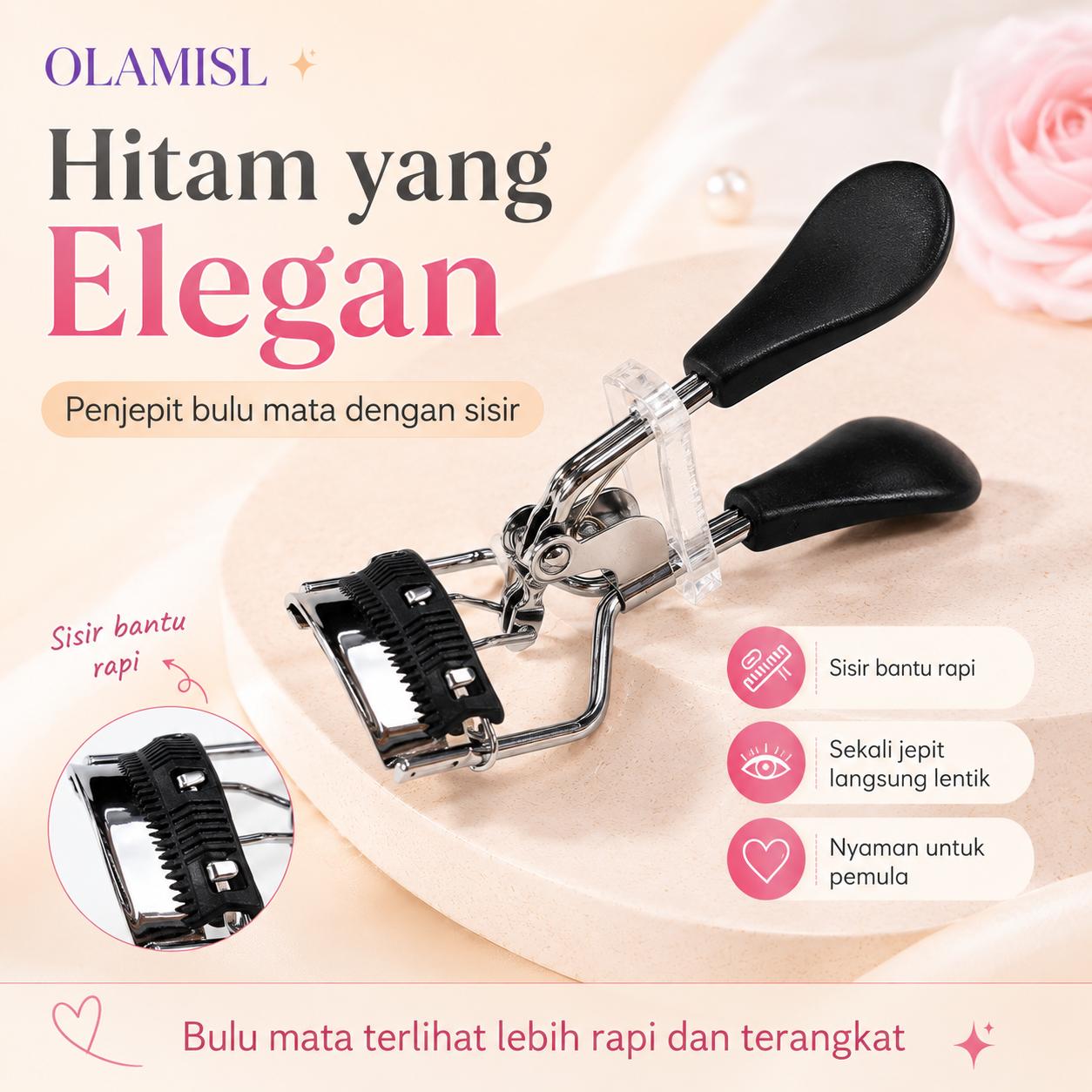 OLAMISL Eyelash Curler dengan Sisir, Bulu Mata Lentik Natural, Tidak Mudah Menggumpal, Mudah Dipakai