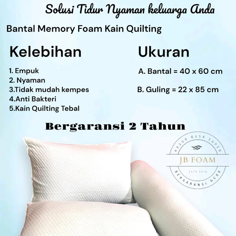 Bantal Memory Foam Empuk dan Awet Garansi 2 Tahun, Paket 2 Bantal dan 2 Guling Bed 2