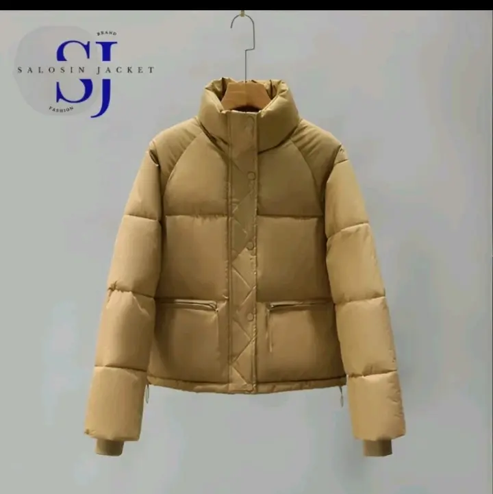 Jaket Musim Dingin Wanita Tebal Hangat Puffer Korea Waterproof dengan Resleting Lion High Quality - Cream - Hitam